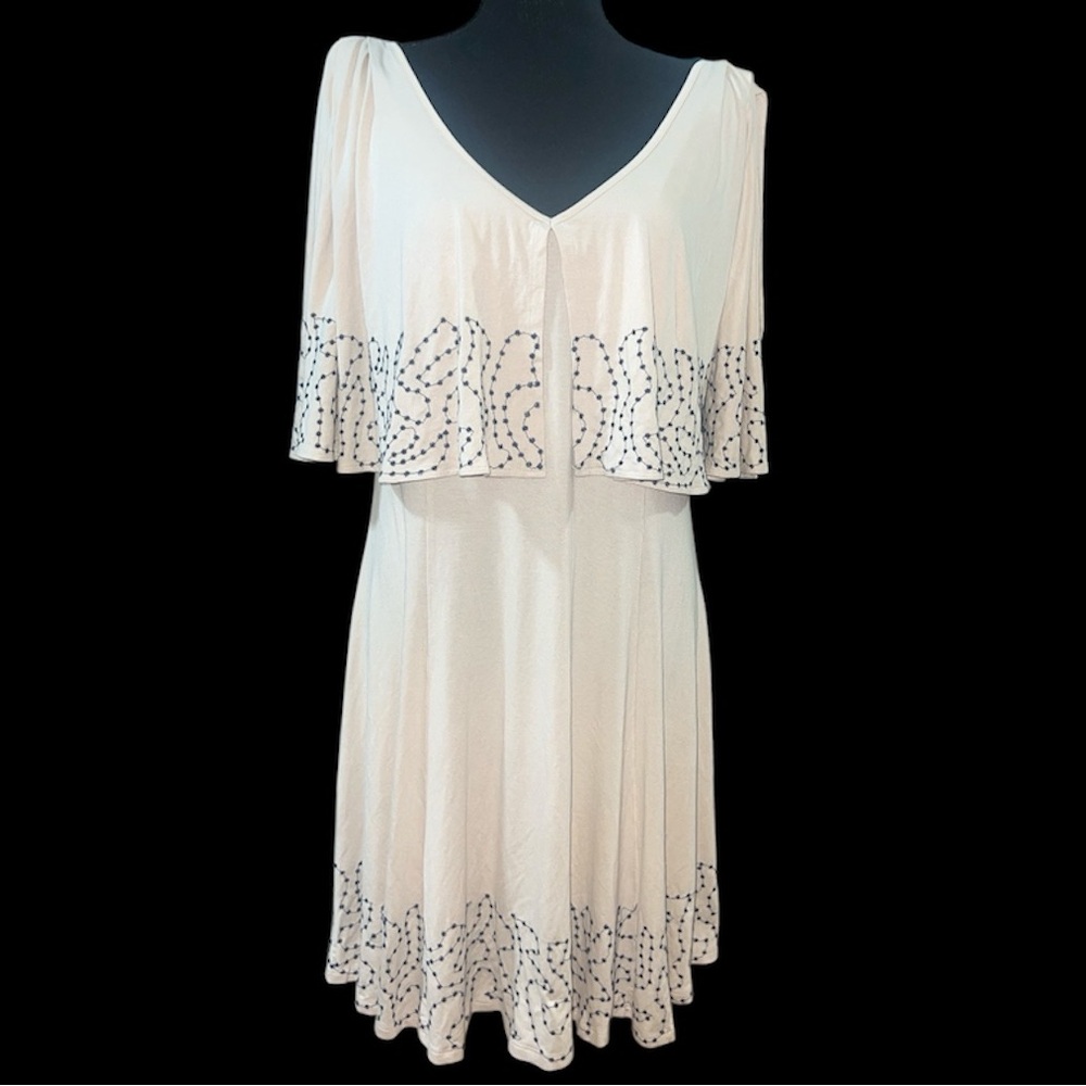 Monoreno Cape Sleeve Embroidered Beige/Black Ruffle Flounce Dress, Medium, NWT